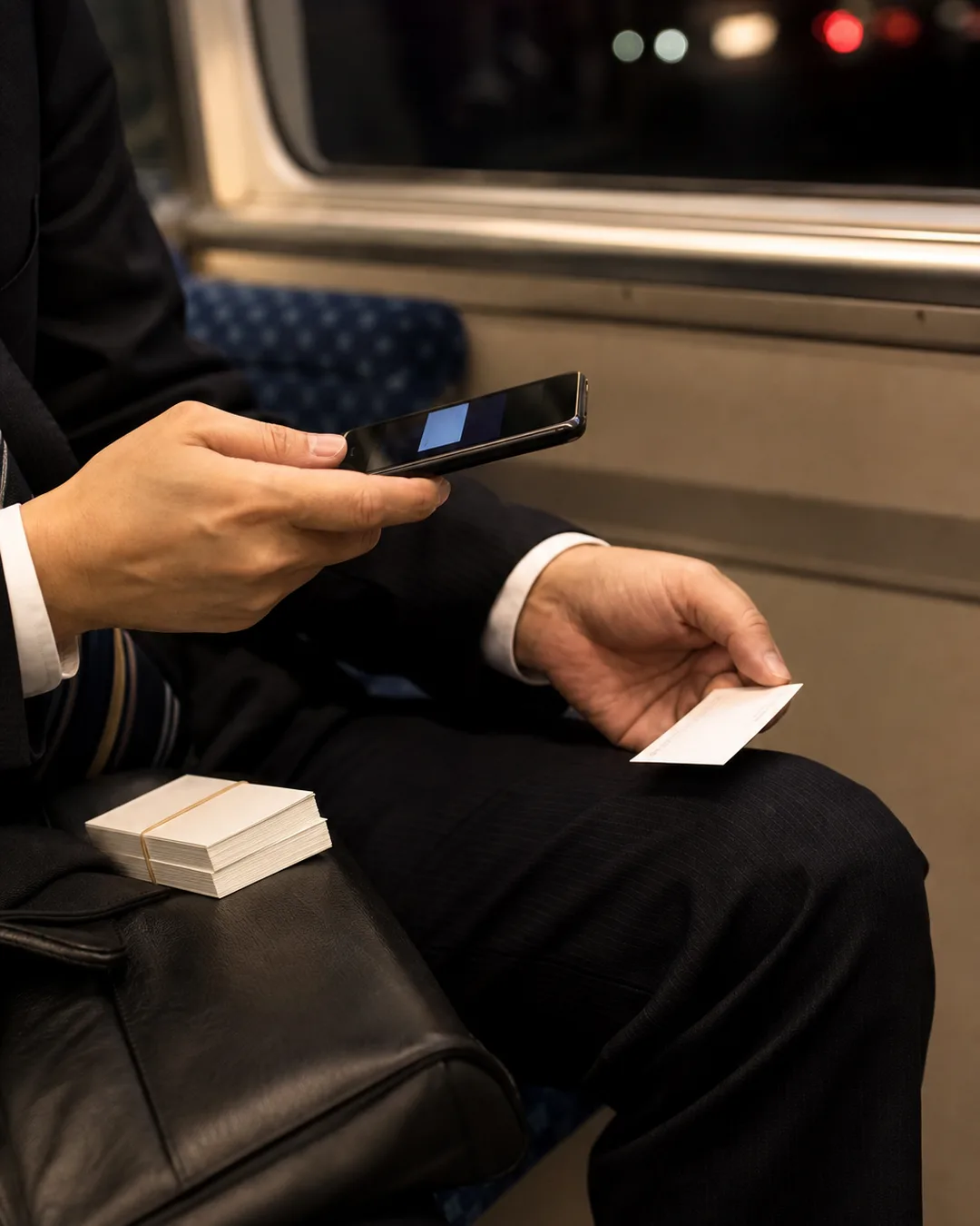 帰りの電車で、膝の上の名刺をスマホで撮る手元